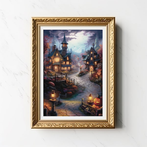 whimsical halloween print | enchanted village | wdw poster | halloween town decor | magical art print | cute spooky night