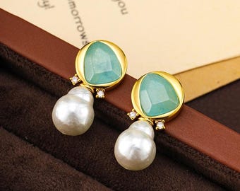 Brincos de Ágata Azul com Pérola Keshi, Folheados a Ouro, Presente Ideal para Ela, Joias de Casamento
