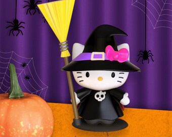 Witch Hello Kitty Figurine – Halloween Cute Cat with Hat & Broom – Pink, Purple or Red Bow – Collectible 3D Printed Toy