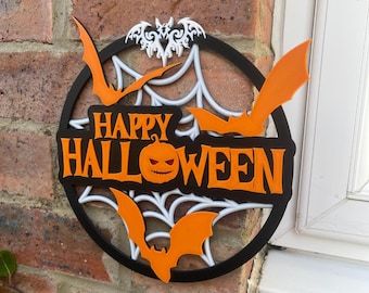 3D Printed Halloween Wreath – Happy Halloween Door Sign – Spooky Bat and Cobweb Wall Hanging – Orange Black Autumn Decor