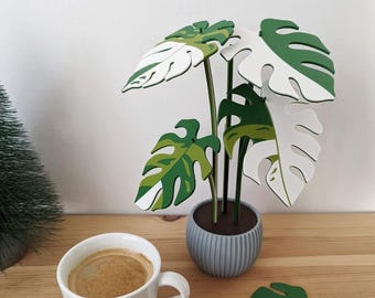 Monstera Albo Variegata Plant | 6 Leaf Coasters | Tropical Desk Decor | DIY Assembly | Unique Gift for Plant Lovers
