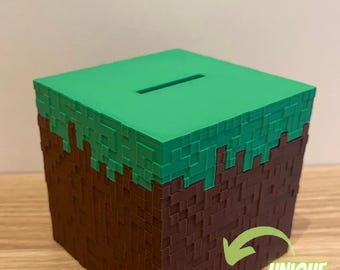 Minecraft Grass Block Money Box – Gamer Piggy Bank – Kids Coin Bank – Video Game Bedroom Decor – 3D Printed Gamer Gift for Boys