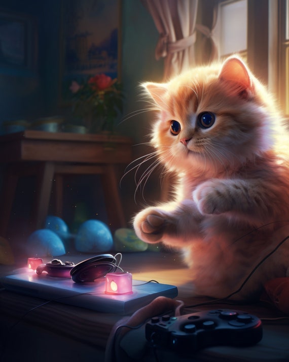 Cat Playing Video Games Digital Art
