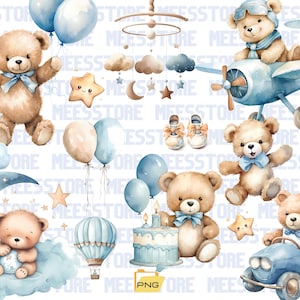 Akwarela Miś clipart dla chłopca, akwarela Baby Shower clipart, niebieski Miś clipart, Vintage Miś, ładny Miś clipart