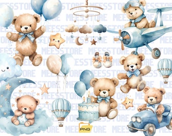 Imágenes prediseñadas de oso de peluche de acuarela para niño, imágenes prediseñadas de baby shower de acuarela, imágenes prediseñadas de oso de peluche azul, oso de peluche vintage, imágenes prediseñadas de peluche lindo