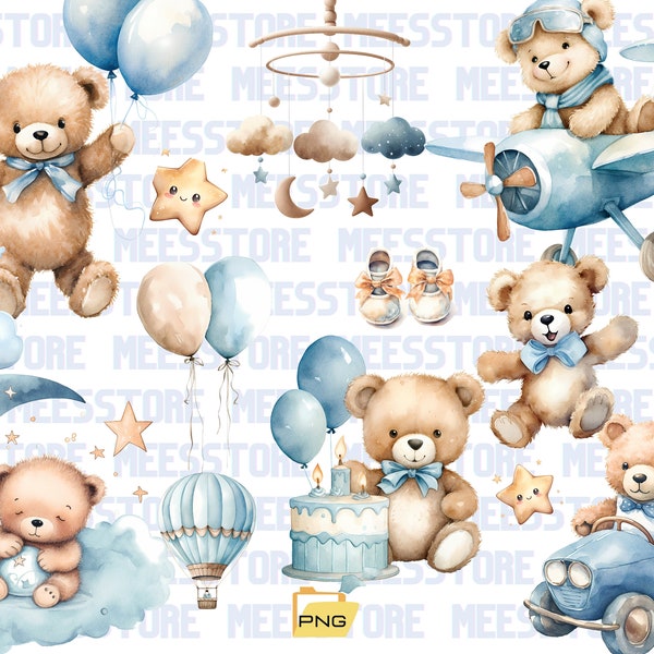 Watercolor Teddy bear clipart for boy, Watercolor baby shower clipart, blue Teddy bear clipart, vintage teddy bear, cute teddy clipart