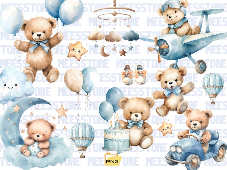 Watercolor Teddy bear clipart for boy, Watercolor baby shower clipart, blue Teddy bear clipart, vintage teddy bear, cute teddy clipart zdjęcie 1