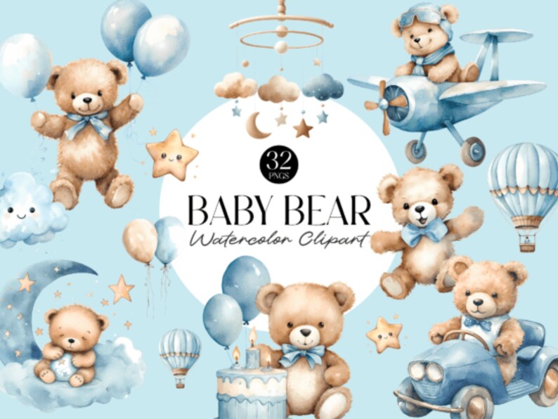 Watercolor Teddy bear clipart for boy, Watercolor baby shower clipart, blue Teddy bear clipart, vintage teddy bear, cute teddy clipart zdjęcie 4