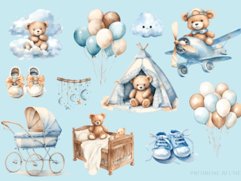 Watercolor Teddy bear clipart for boy, Watercolor baby shower clipart, blue Teddy bear clipart, vintage teddy bear, cute teddy clipart zdjęcie 2