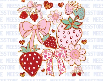 Boho Strawberry Coquette png, preppy aardbeien png, aardbeifestival png, zomeraardbei png, bloemenaardbei png, boho zomer png