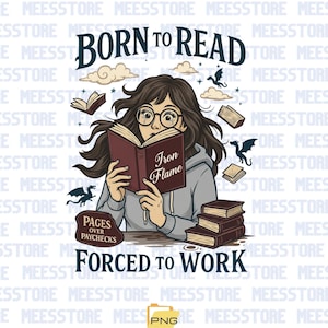 May include: A graphic illustration featuring a person reading a book titled "Iron Flame." The image includes the text "Born to Read, Forced to Work" and "Pages Over Paychecks." Dragons, books, and clouds are also depicted.