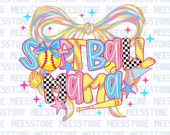 Softball Mama PNG, Colorful Sports Mom Sublimation, Softball Bow Digital Download, Game Day Shirt png, Glitter Softball Mama, Pink and Blue