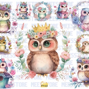 Set von 10, süße Eule Clipart, Eule PNG, Aquarell Eule, Junk Journal Art, Scrapbook Dekoration, Sublimation PNG, digitaler Download, Kinderzimmer Kunst