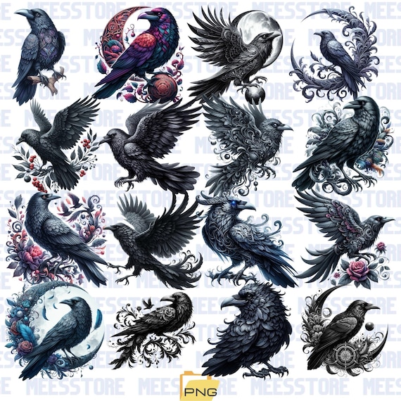 Gothic Raven PNG Bundle, Dark Crow Clipart, Black Bird Tattoo Art, Witchcraft Vintage Raven Stickers, Dark Aesthetic Sublimation Download