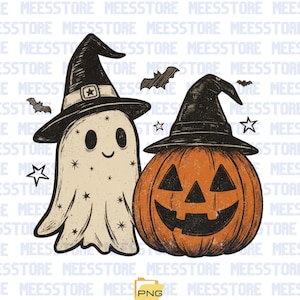 May include: A graphic illustration featuring a cream-colored ghost and an orange jack-o'-lantern, both wearing black witch hats. The design includes small black bats and star shapes scattered around the figures, set against a repeating MEESSTORE text background.
