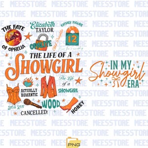 Pode incluir: Um design gráfico com o texto "The Life of a Showgirl" em laranja, juntamente com outros textos e ilustrações. Inclui um espartilho, um blazer, uma bota e as palavras "Actually Romantic".