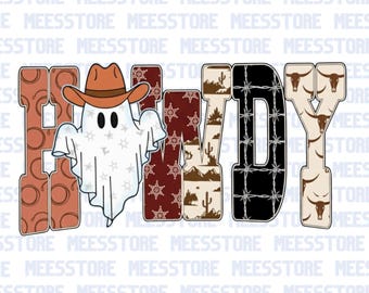 Könnte beinhalten: Ein Grafikdesign mit dem Wort HOWDY in Blockbuchstaben mit verschiedenen Mustern wie Lassos, Sheriffsternen, Wüstenlandschaften, Stacheldraht und Longhorn-Schädeln. Ein weißes Gespenst mit einem braunen Cowboyhut überlagert den Buchstaben O.