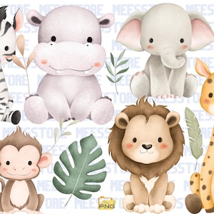 Könnte beinhalten: Ein Set mit Aquarell-Illustrationen, die ein Zebra, ein Flusspferd, einen Elefanten, eine Giraffe, einen Löwen und einen Affen zeigen. Die Tiere sind alle in einem niedlichen und skurrilen Stil dargestellt, mit sanften Farben und abgerundeten Formen. Die Illustrationen eignen sich perfekt für die Verwendung in Kinderbüchern, Grußkarten oder anderen kreativen Projekten.