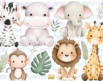 Party Animals Clipart Bundle, Watercolor Safari Jungle Zoo Animals with Party Hats Balloons Lion Zebra Giraffe Tiger Art PNG Commercial