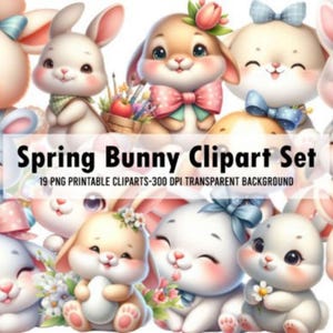 Charming Bunny Clipart Set | 19 Premium JPGs | Cute Bunnies with Flowers | Nursery Wall Art | Printable Decor | Commercial Use