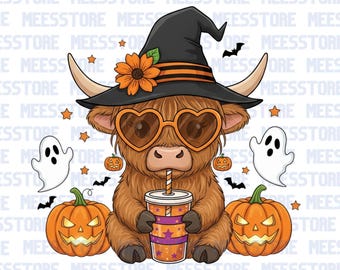 Cute Highland Cow Halloween PNG | Witch Hat Pumpkin Ghost Clipart | Fall Sublimation Digital Download