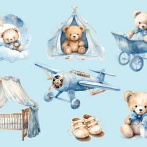 Watercolor Teddy bear clipart for boy, Watercolor baby shower clipart, blue Teddy bear clipart, vintage teddy bear, cute teddy clipart zdjęcie 3