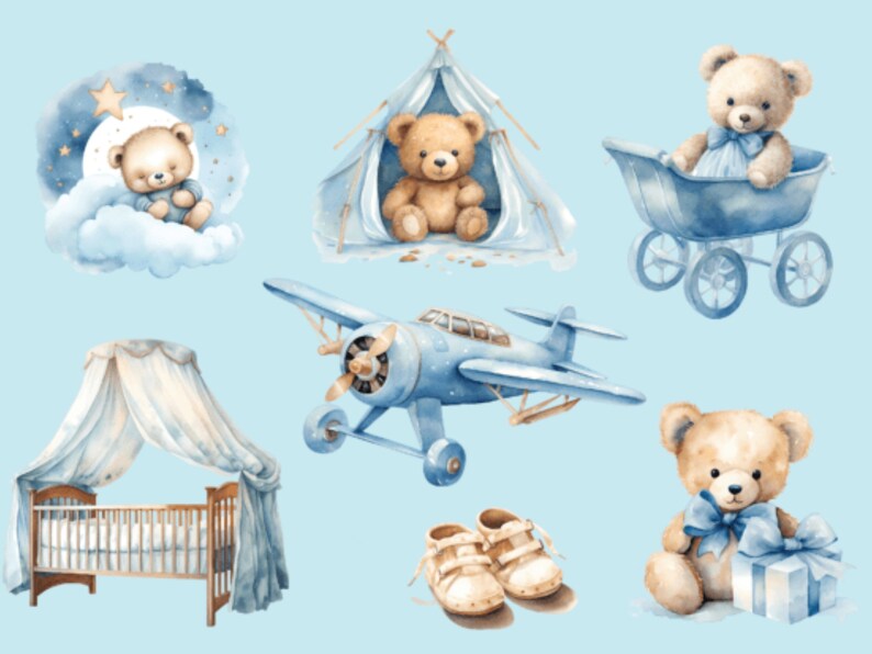 Watercolor Teddy bear clipart for boy, Watercolor baby shower clipart, blue Teddy bear clipart, vintage teddy bear, cute teddy clipart zdjęcie 3