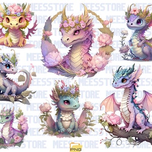 Watercolor Dragon Clipart, Cute Dragon Clipart, Dragon Kingdom, Pastel Baby Dragons PNG, Fantasy Clipart Bundle, Pastel Dragon Clipart