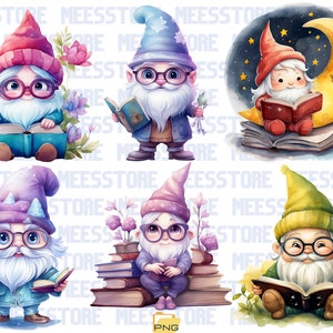 Gnome Book Clipart PNG,6 Watercolor Gnome Reading Clip Art,Librarian Gift Printable, Pastel Cute Gnome, DIY Card Making,Gnomes Reading Books