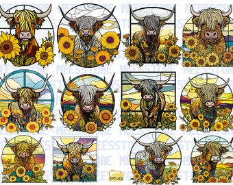 Highland Cow Sublimation Wind Spinner PNG Digital Download, Stained Glass Highland Sunflowers Design for Sublimate High Quality 300 dpi