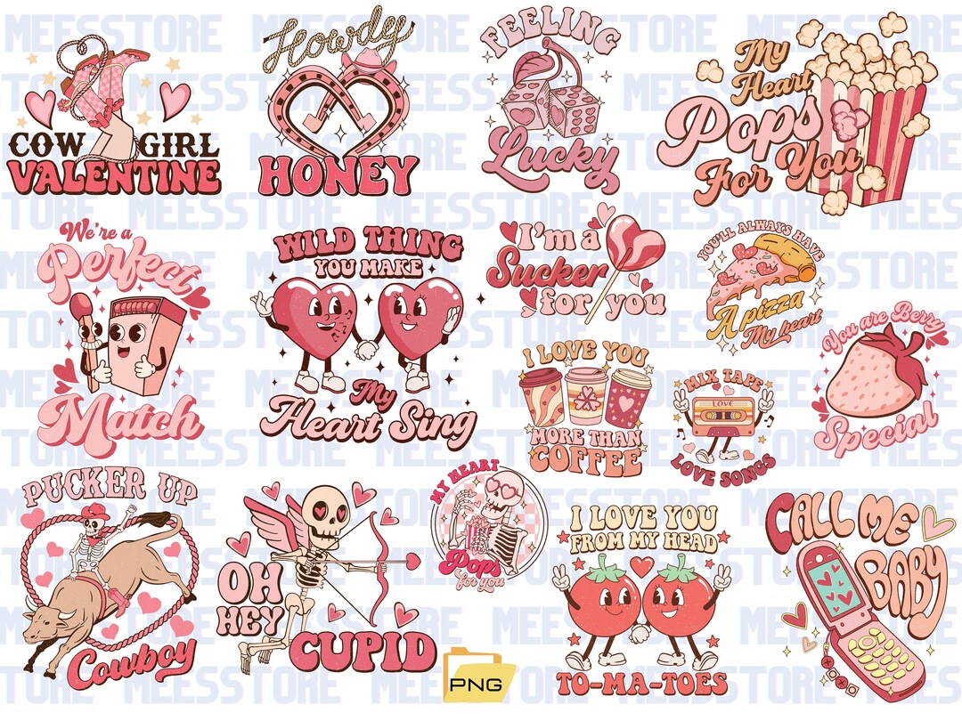 Retro Valentine Png Bundle, Groovy Valentine Png, Valentine Png, Love ...
