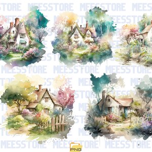 Watercolor Spring Cottages Clipart, Commercial Use PNG, Scrapbooking, Garden, Flowers, Trees, Plants, Cottagecore