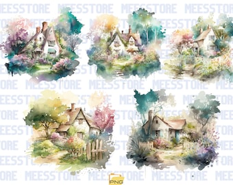 Watercolor Spring Cottages Clipart, Commercial Use PNG, Scrapbooking, Garden, Flowers, Trees, Plants, Cottagecore