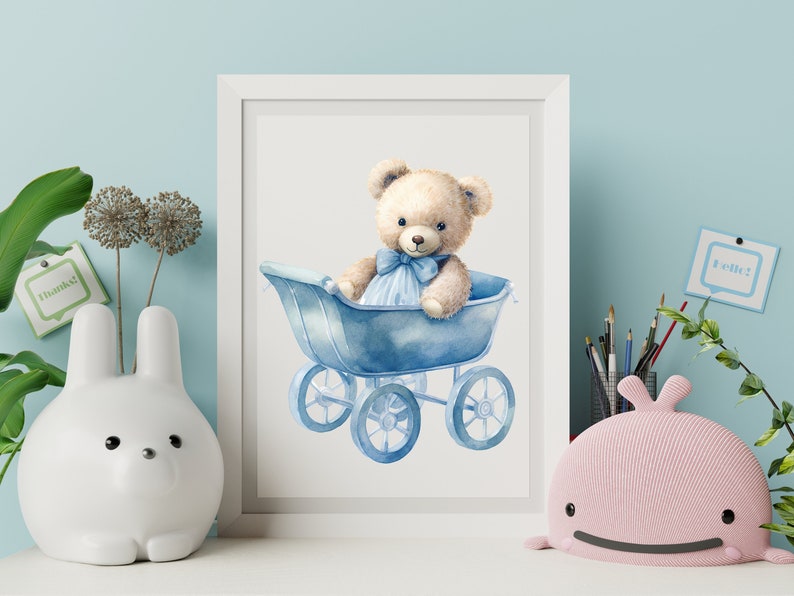 Watercolor Teddy bear clipart for boy, Watercolor baby shower clipart, blue Teddy bear clipart, vintage teddy bear, cute teddy clipart zdjęcie 7