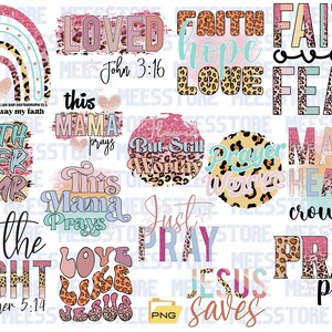 Puede incluir: Una descarga digital de 12 diseños diferentes con temática cristiana que incluyen citas y frases inspiradoras. Los diseños están en un esquema de color rosa, azul y amarillo con un patrón de estampado de leopardo. Los diseños incluyen citas como "Faith over Fear", "Loved", "This Mama Prays", "Just Pray", "Jesus Saves" y "Make Heaven Crowded".