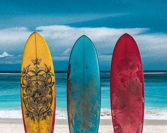 Retro Beach surfboards, Surf Wall Art, Blue Coastal Surf Up Poster, Ocean Art Print, Aesthetic Dorm Room Decor, Surfer Gift, retro surfing