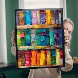 Lebendiges Bücherregal Ölgemälde | Bunte Abstrakte Buchkunst | Moderne Lese Dekor | Bibliothek Wandkunst | Bücherwurm Dekor | Buchliebhaber Kunst