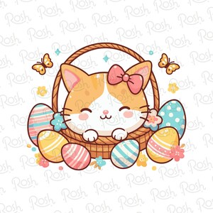 Chat avec des oeufs de Pâques PNG, chat PNG, PNG de Pâques, Pâques imprimable, carte de Pâques, téléchargement immédiat, chemises, tasses, gobelets, cliparts de Pâques