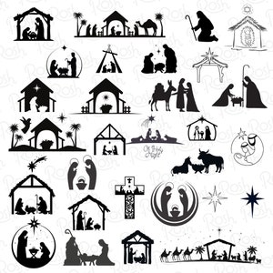 Narodziny Jezusa SVG, Clipart Sceny Narodzenia, Pakiet Narodzin SVG, Narodziny SVG, Boże Narodzenie SVG, Sylwetka Narodzenia, Sylwetka Żłóbka