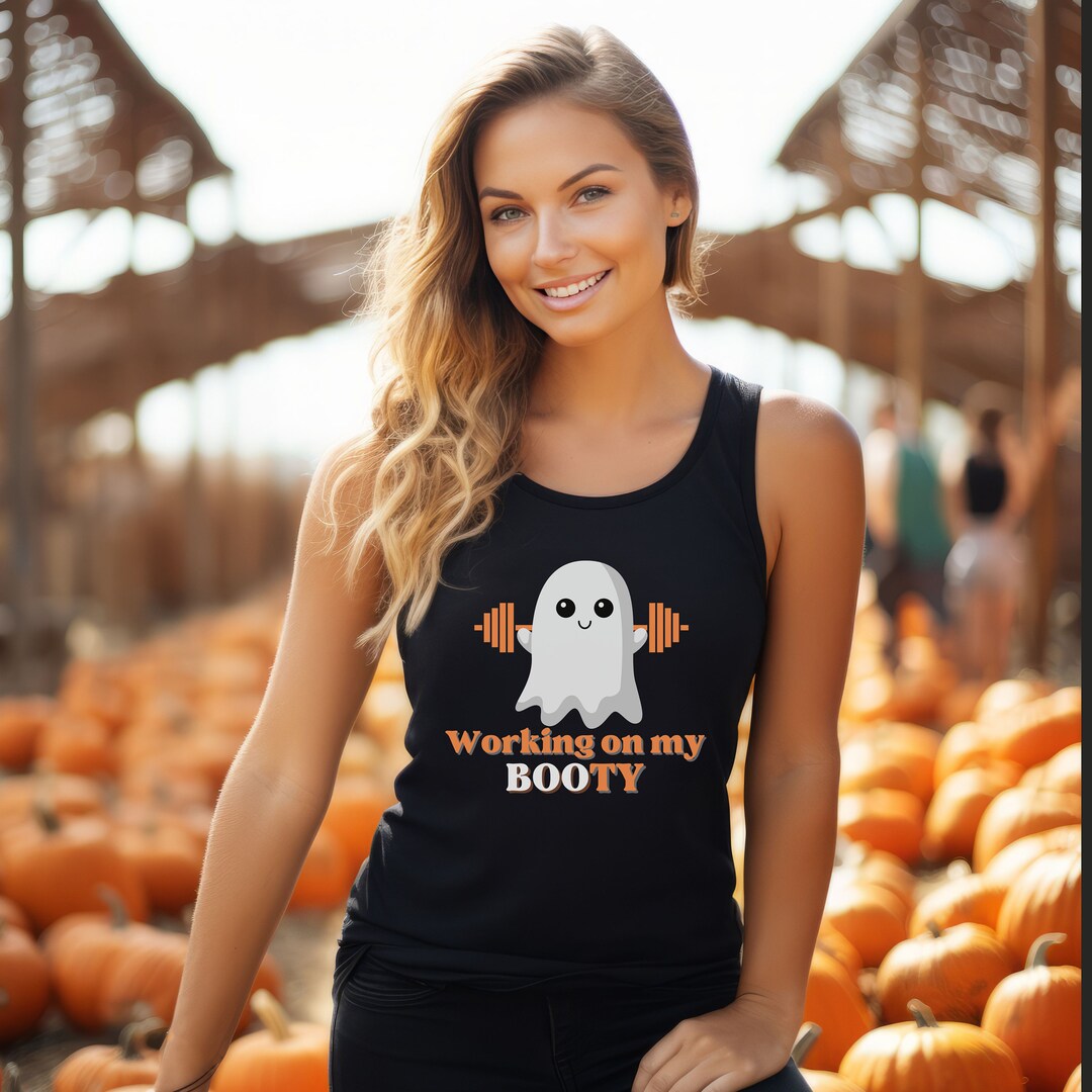 Halloween Ghost Booty Workout Tank Top For Women, Working On My Booty Retro Ghost Humorous Gym Fitness Womens Tank Top