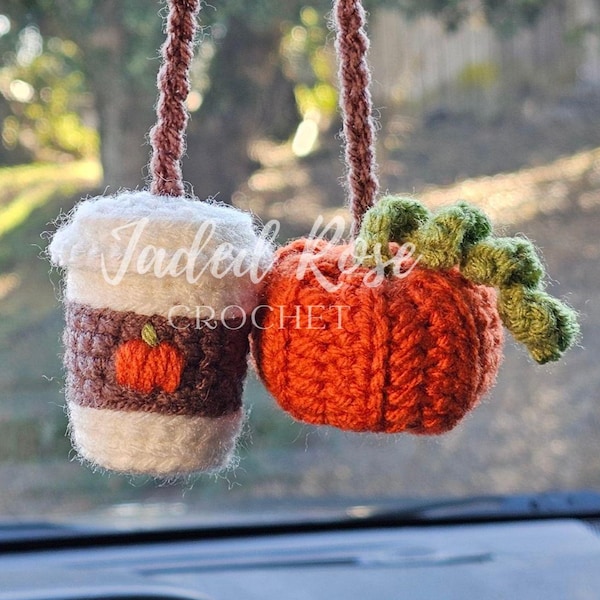 Crochet Pattern- Pumpkin Spice Latte car charm, ornament, key chain, low-sew pattern