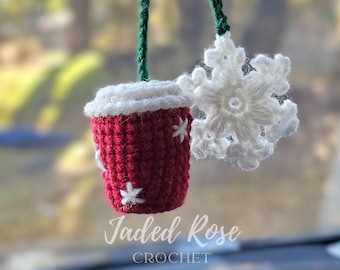 Crochet Pattern Holiday Coffee and snowflake car hanger, Christmas ornament, key chain, no-sew pattern