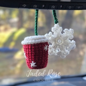 Crochet Pattern Holiday Coffee and snowflake car hanger, Christmas ornament, key chain, no-sew pattern