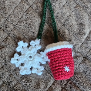 Crochet Pattern Holiday Coffee and snowflake car hanger, Christmas ornament, key chain, no-sew pattern image 4