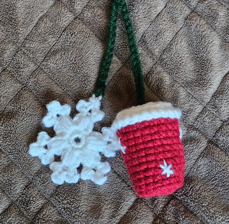 Crochet Pattern Holiday Coffee and snowflake car hanger, Christmas ornament, key chain, no-sew pattern image 4