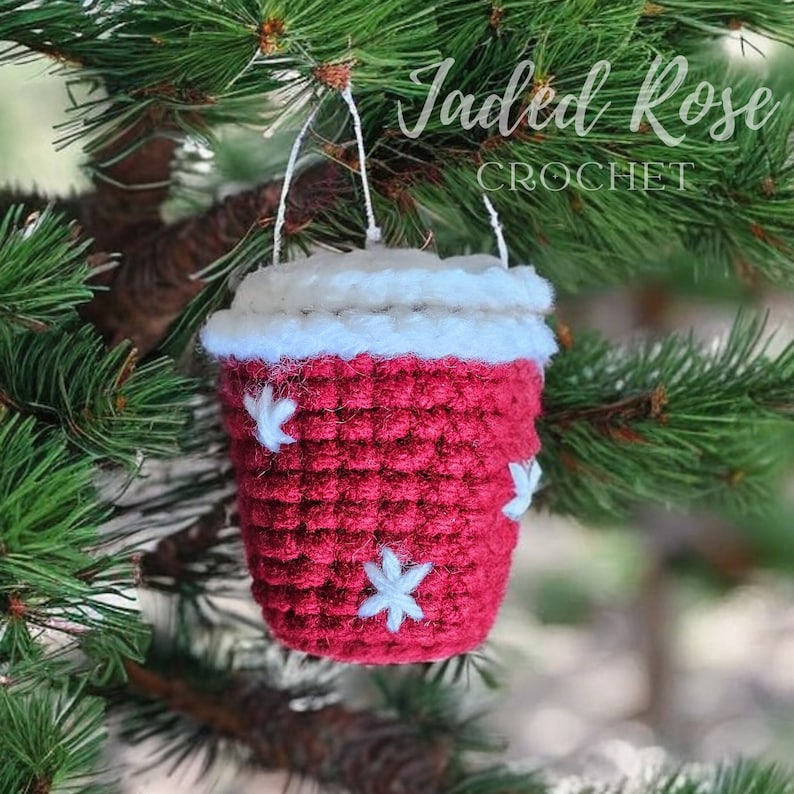 Crochet Pattern Holiday Coffee and snowflake car hanger, Christmas ornament, key chain, no-sew pattern image 3