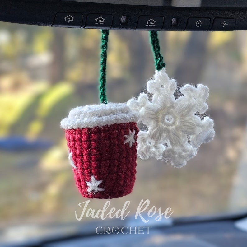 Crochet Pattern Holiday Coffee and snowflake car hanger, Christmas ornament, key chain, no-sew pattern image 1