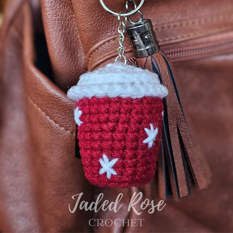 Crochet Pattern Holiday Coffee and snowflake car hanger, Christmas ornament, key chain, no-sew pattern image 5