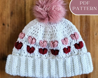 CROCHET PATTERN: Puffed Hearts Beanie, Crochet Heart Beanie, Valentines Crochet, quick crochet beanie