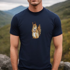 Navy colored tshirt featuring a fuzzy squirrel drinking a hot coffee.